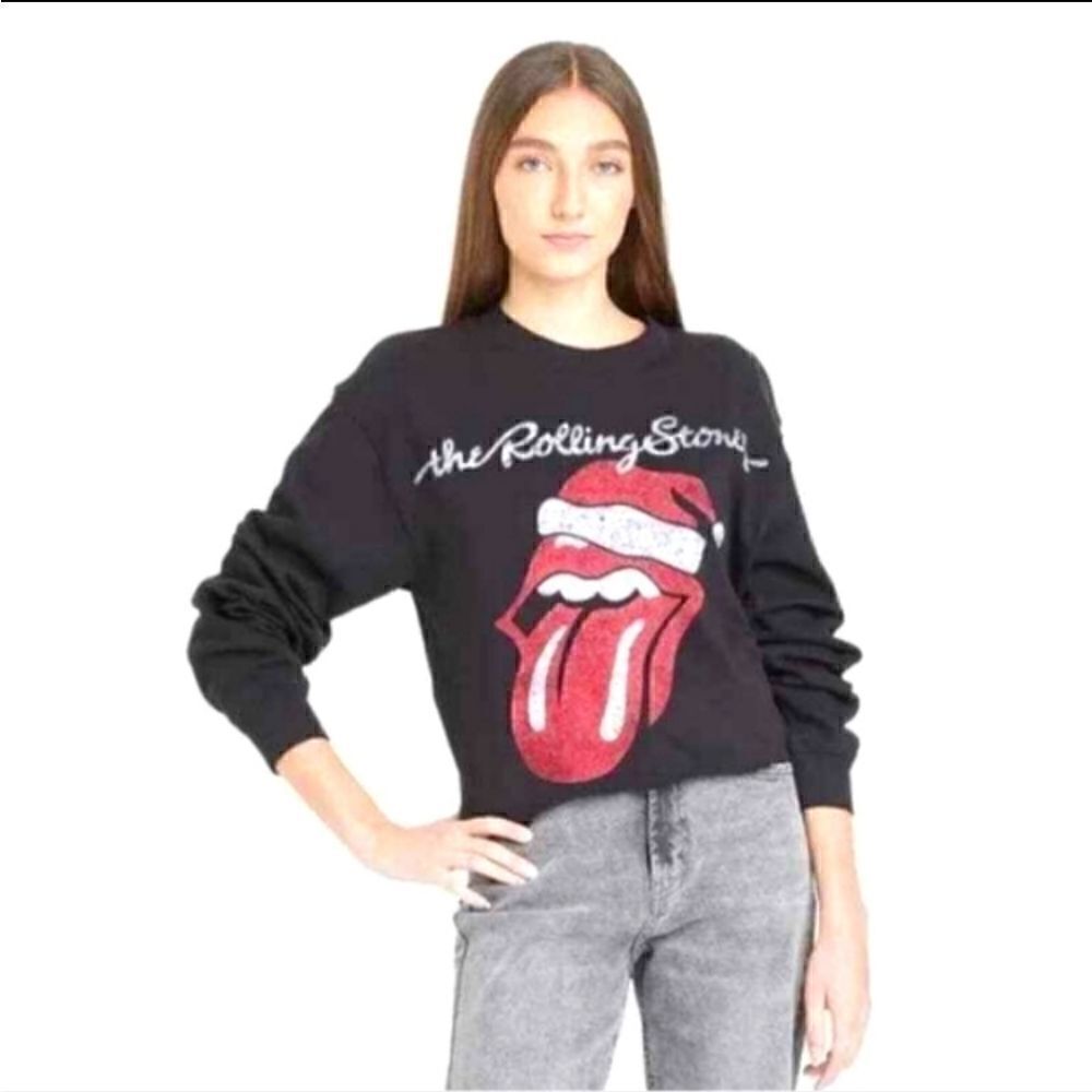 New the Rolling Stones Christmas Santa Hat Cropped fleece inside Sweatshirt